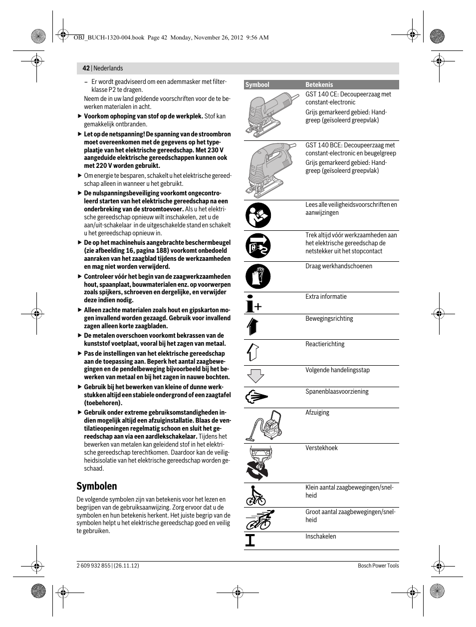 Symbolen | Bosch GST Professional 140 CE User Manual | Page 42 / 191