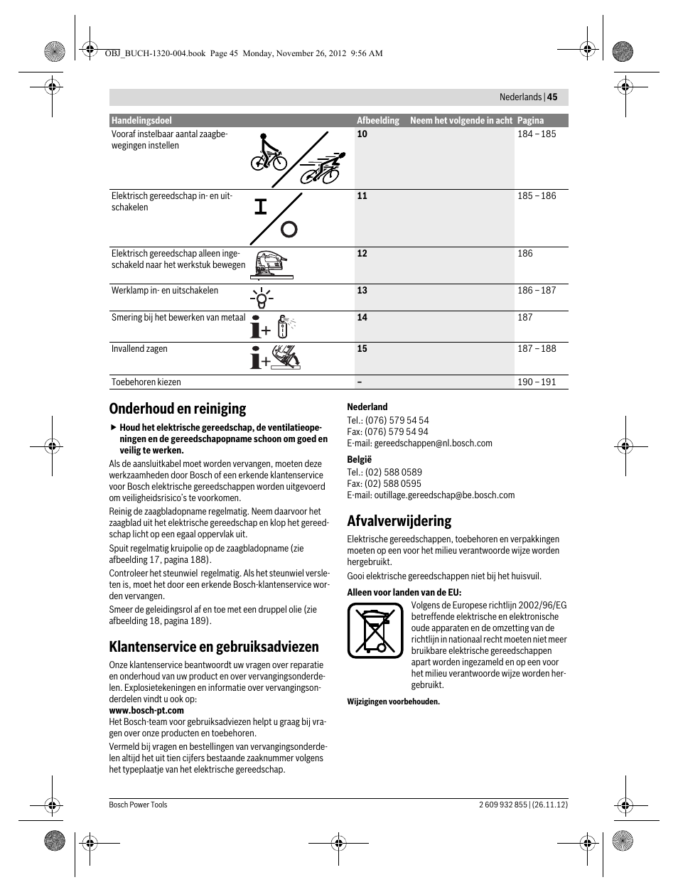 Onderhoud en reiniging, Klantenservice en gebruiksadviezen, Afvalverwijdering | Bosch GST Professional 140 CE User Manual | Page 45 / 191