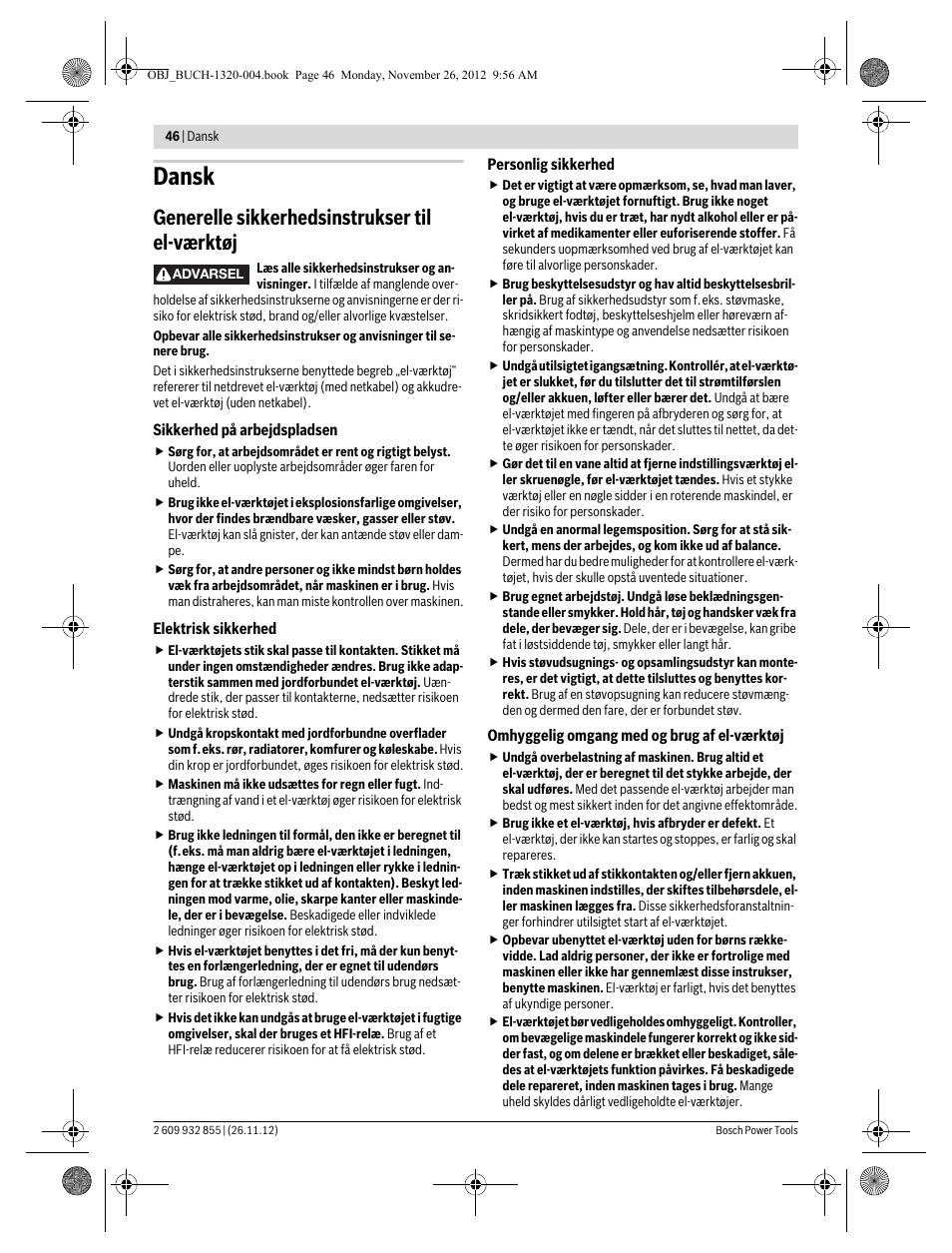 Dansk, Generelle sikkerhedsinstrukser til el-værktøj | Bosch GST Professional 140 CE User Manual | Page 46 / 191