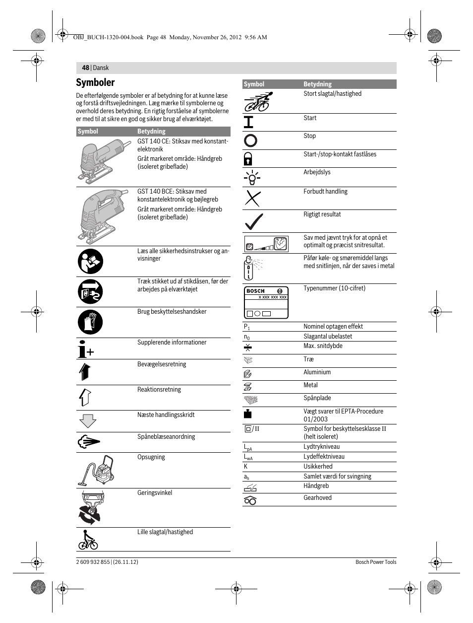 Symboler | Bosch GST Professional 140 CE User Manual | Page 48 / 191