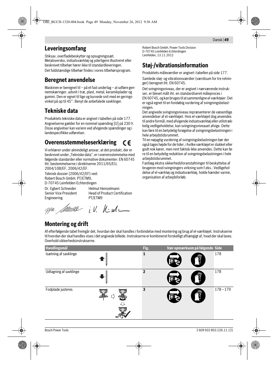 Leveringsomfang, Beregnet anvendelse, Tekniske data | Overensstemmelseserklæring, Støj-/vibrationsinformation, Montering og drift | Bosch GST Professional 140 CE User Manual | Page 49 / 191