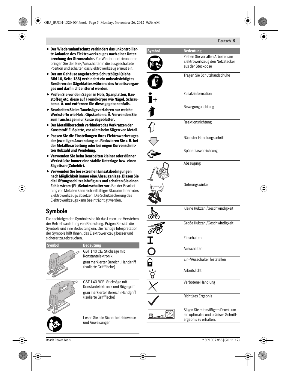 Symbole | Bosch GST Professional 140 CE User Manual | Page 5 / 191