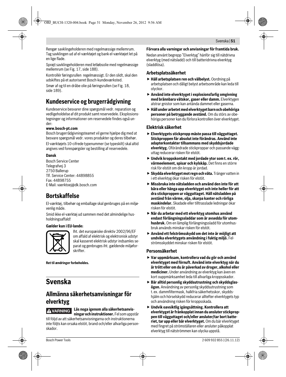 Svenska, Kundeservice og brugerrådgivning, Bortskaffelse | Allmänna säkerhetsanvisningar för elverktyg | Bosch GST Professional 140 CE User Manual | Page 51 / 191