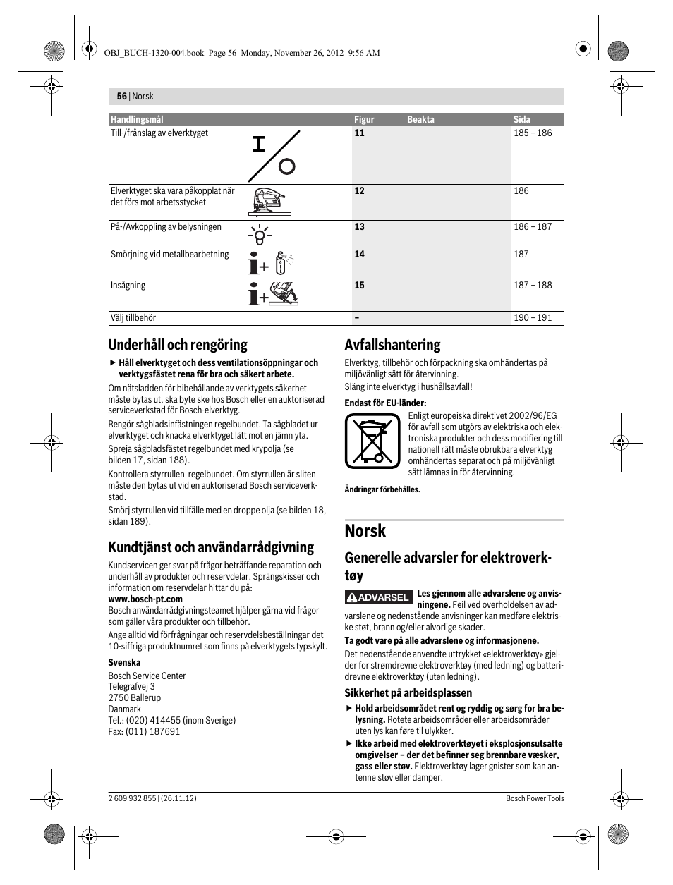 Norsk, Underhåll och rengöring, Kundtjänst och användarrådgivning | Avfallshantering, Generelle advarsler for elektroverk- tøy | Bosch GST Professional 140 CE User Manual | Page 56 / 191