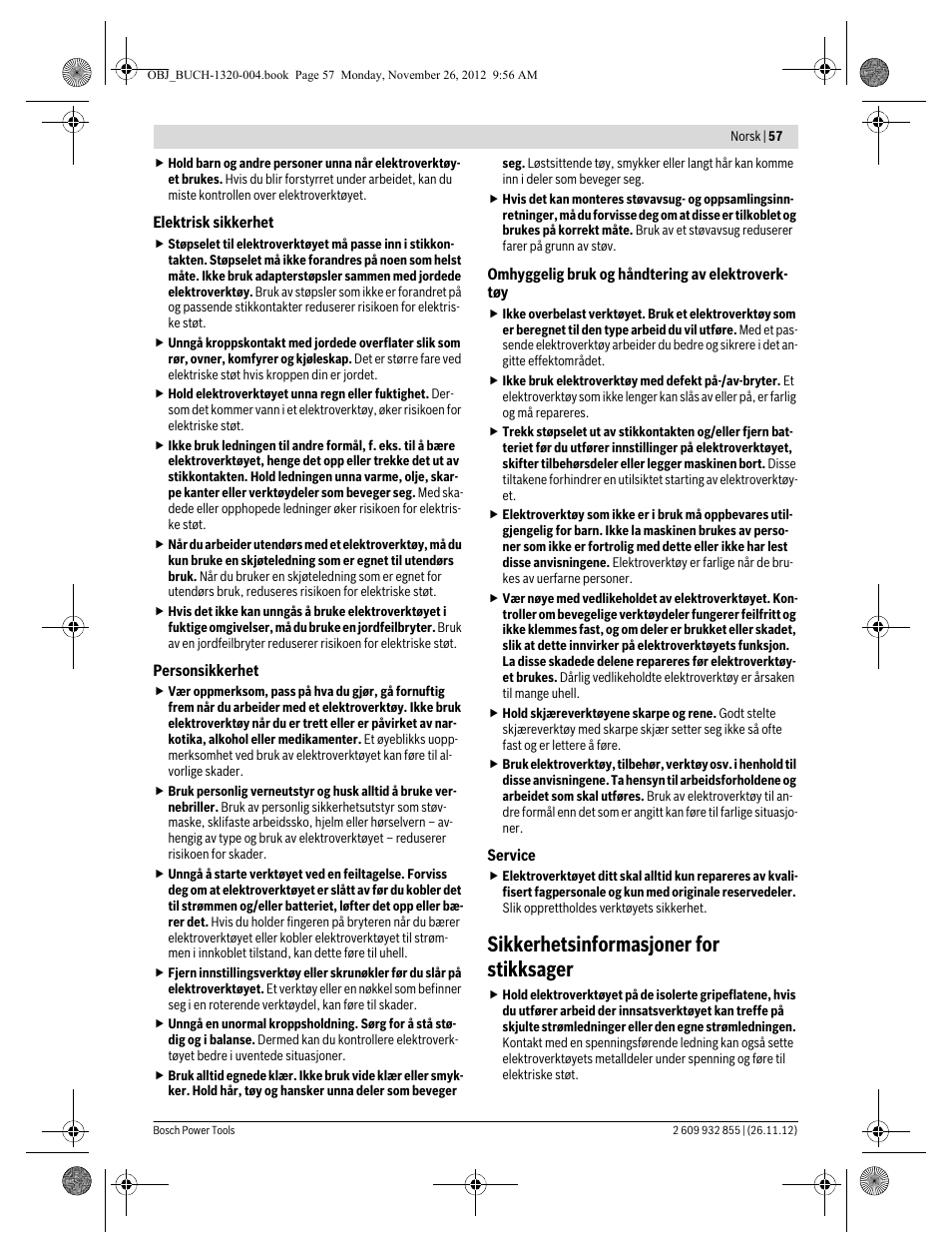 Sikkerhetsinformasjoner for stikksager | Bosch GST Professional 140 CE User Manual | Page 57 / 191