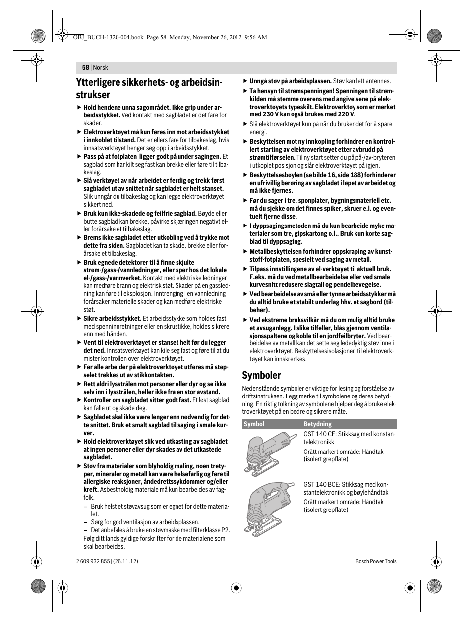 Ytterligere sikkerhets- og arbeidsin- strukser, Symboler | Bosch GST Professional 140 CE User Manual | Page 58 / 191