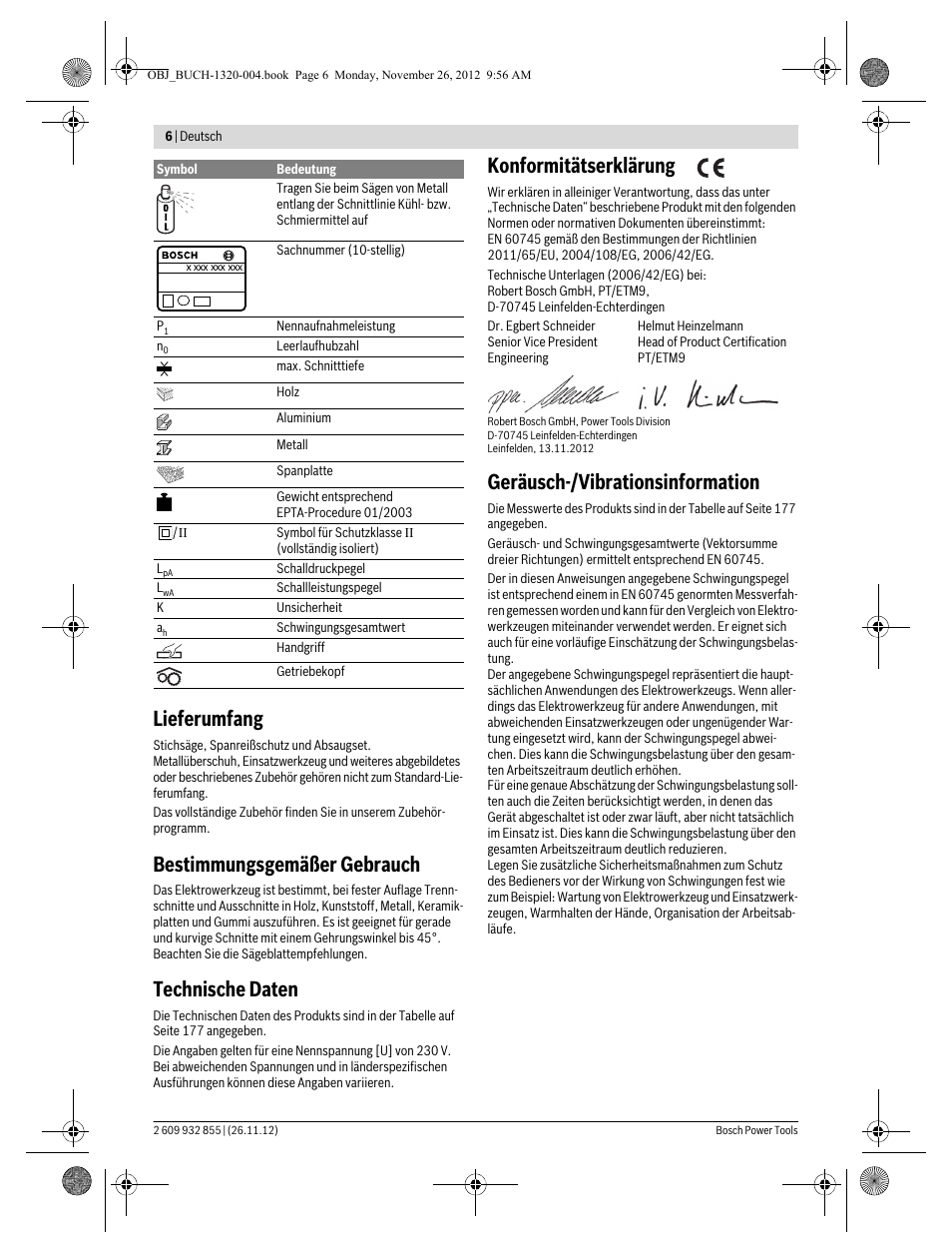 Lieferumfang, Bestimmungsgemäßer gebrauch, Technische daten | Konformitätserklärung, Geräusch-/vibrationsinformation | Bosch GST Professional 140 CE User Manual | Page 6 / 191