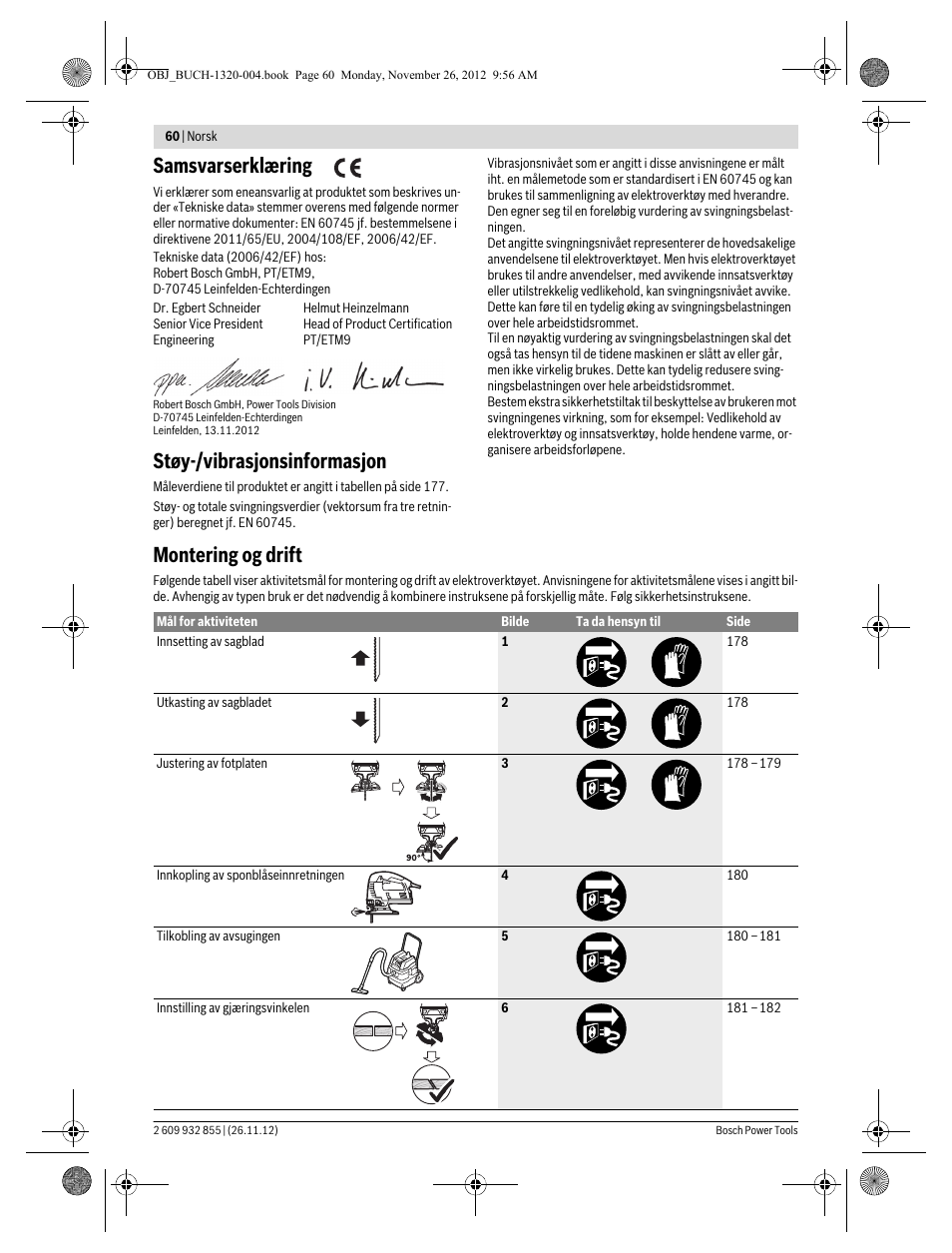 Samsvarserklæring, Støy-/vibrasjonsinformasjon, Montering og drift | Bosch GST Professional 140 CE User Manual | Page 60 / 191