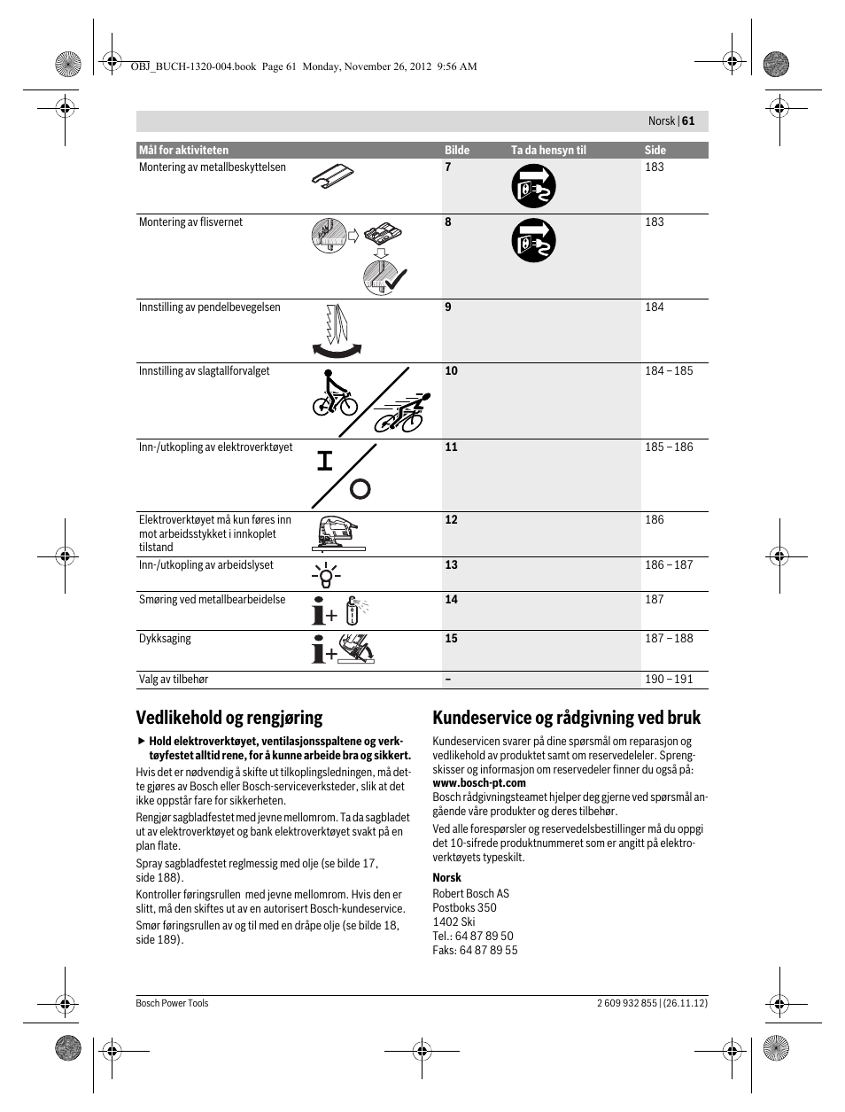 Vedlikehold og rengjøring, Kundeservice og rådgivning ved bruk | Bosch GST Professional 140 CE User Manual | Page 61 / 191