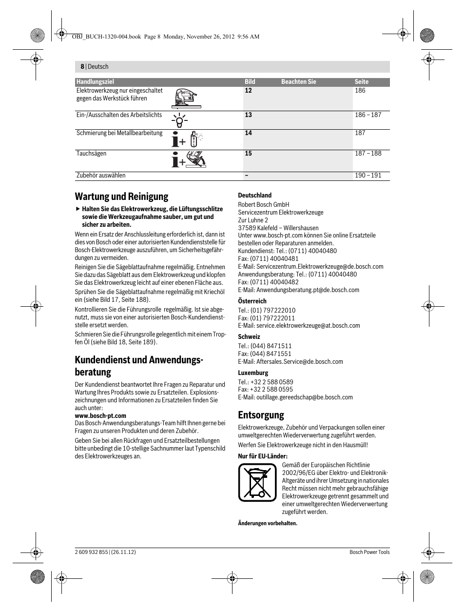 Wartung und reinigung, Kundendienst und anwendungs- beratung, Entsorgung | Bosch GST Professional 140 CE User Manual | Page 8 / 191