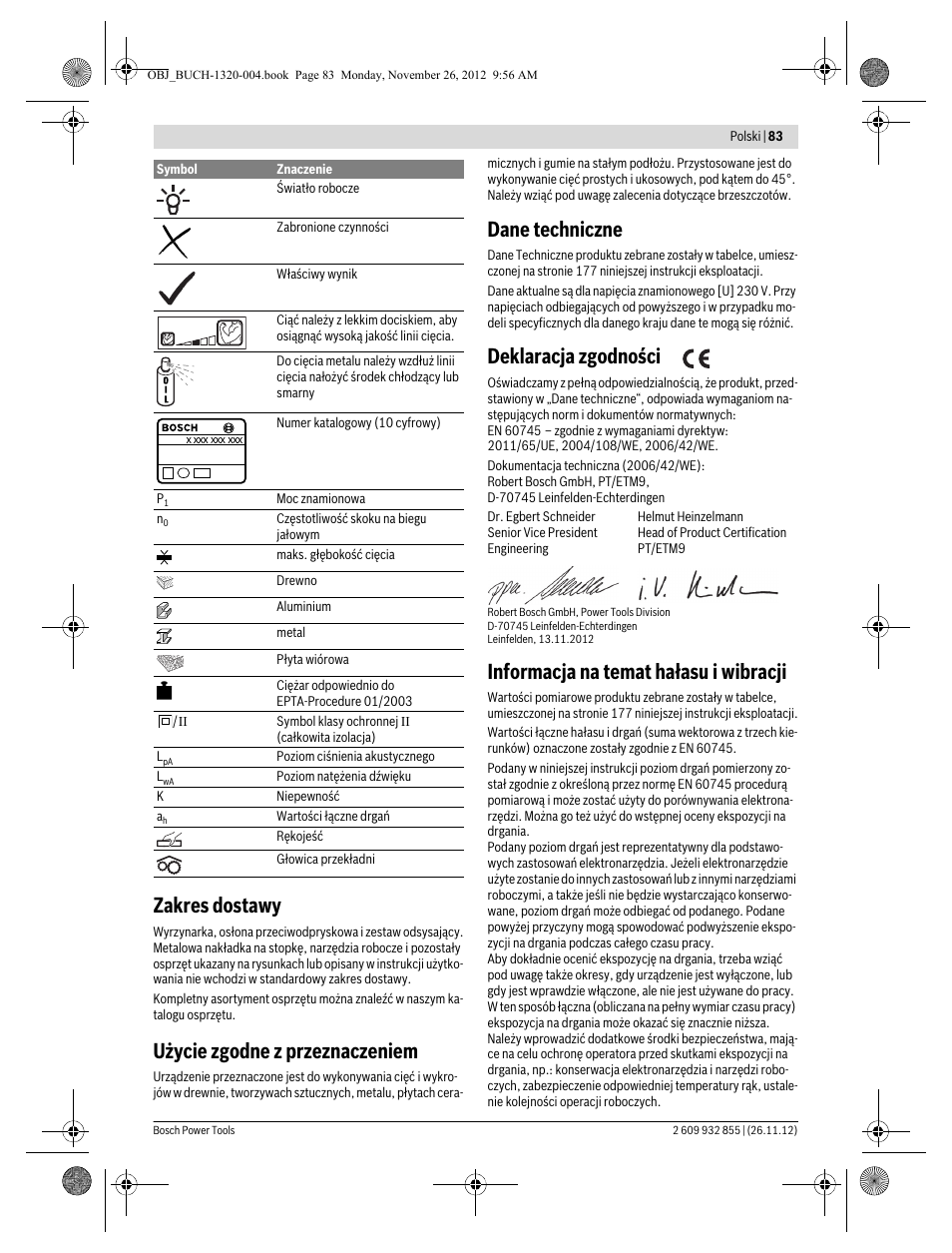 Zakres dostawy, Użycie zgodne z przeznaczeniem, Dane techniczne | Deklaracja zgodności, Informacja na temat hałasu i wibracji | Bosch GST Professional 140 CE User Manual | Page 83 / 191