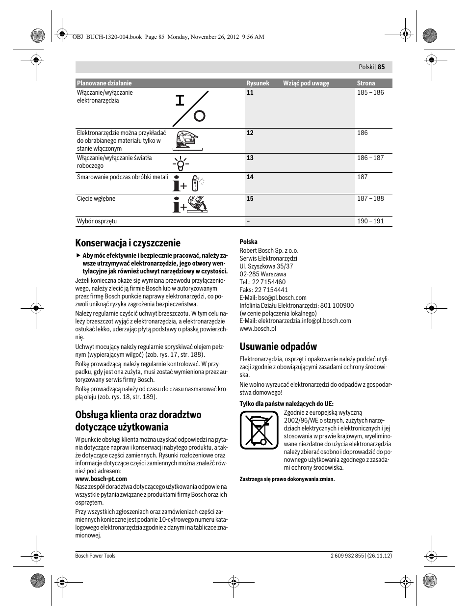 Konserwacja i czyszczenie, Usuwanie odpadów | Bosch GST Professional 140 CE User Manual | Page 85 / 191