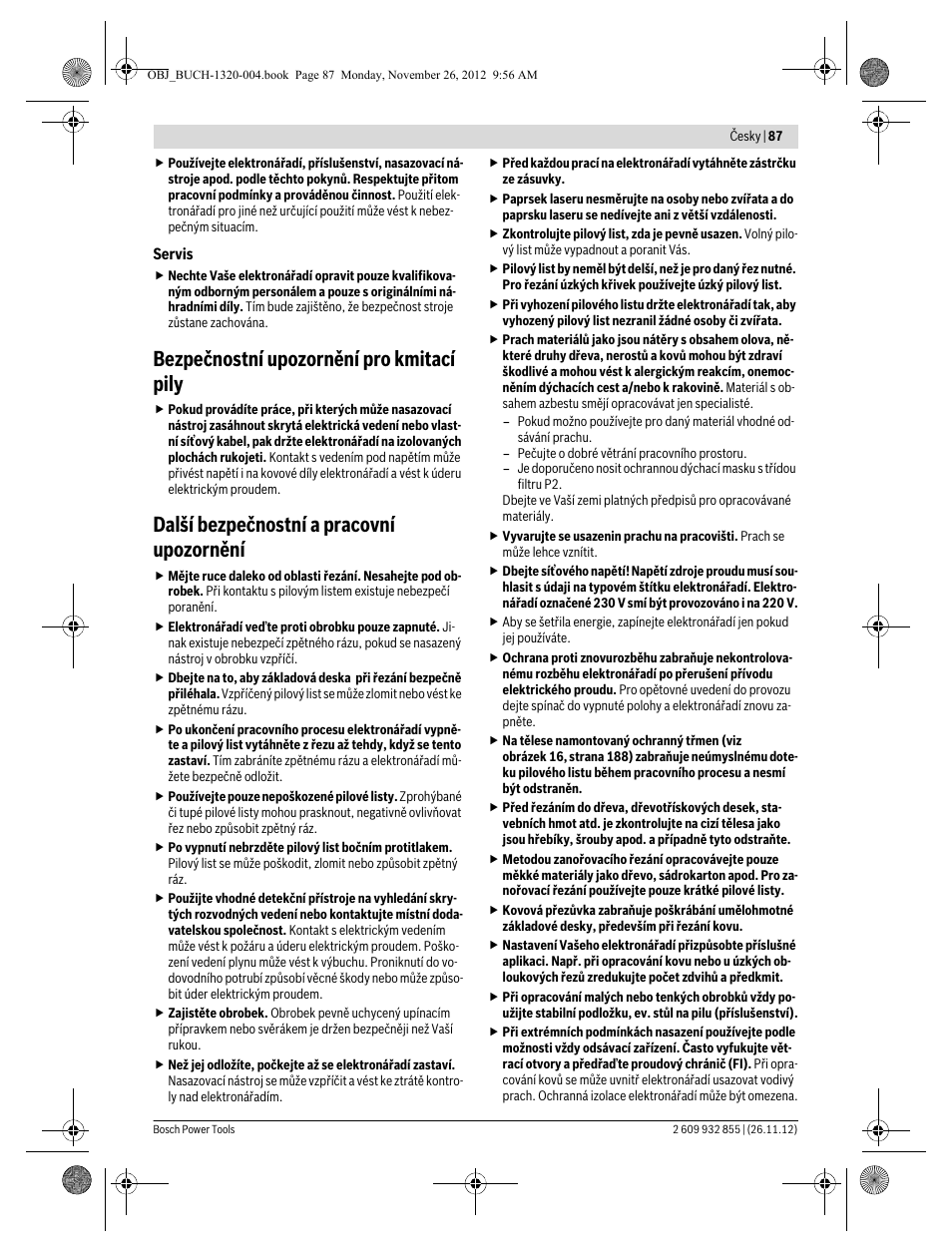 Bezpečnostní upozornění pro kmitací pily, Další bezpečnostní a pracovní upozornění | Bosch GST Professional 140 CE User Manual | Page 87 / 191