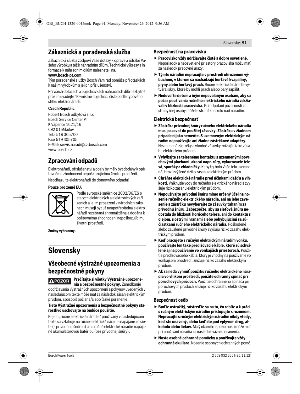 Slovensky, Zákaznická a poradenská služba, Zpracování odpadů | Bosch GST Professional 140 CE User Manual | Page 91 / 191