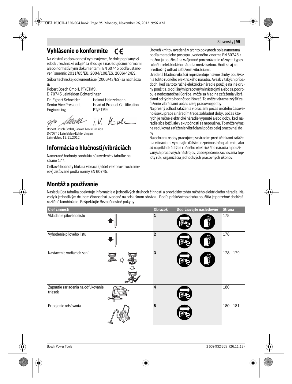 Vyhlásenie o konformite, Informácia o hlučnosti/vibráciách, Montáž a používanie | Bosch GST Professional 140 CE User Manual | Page 95 / 191