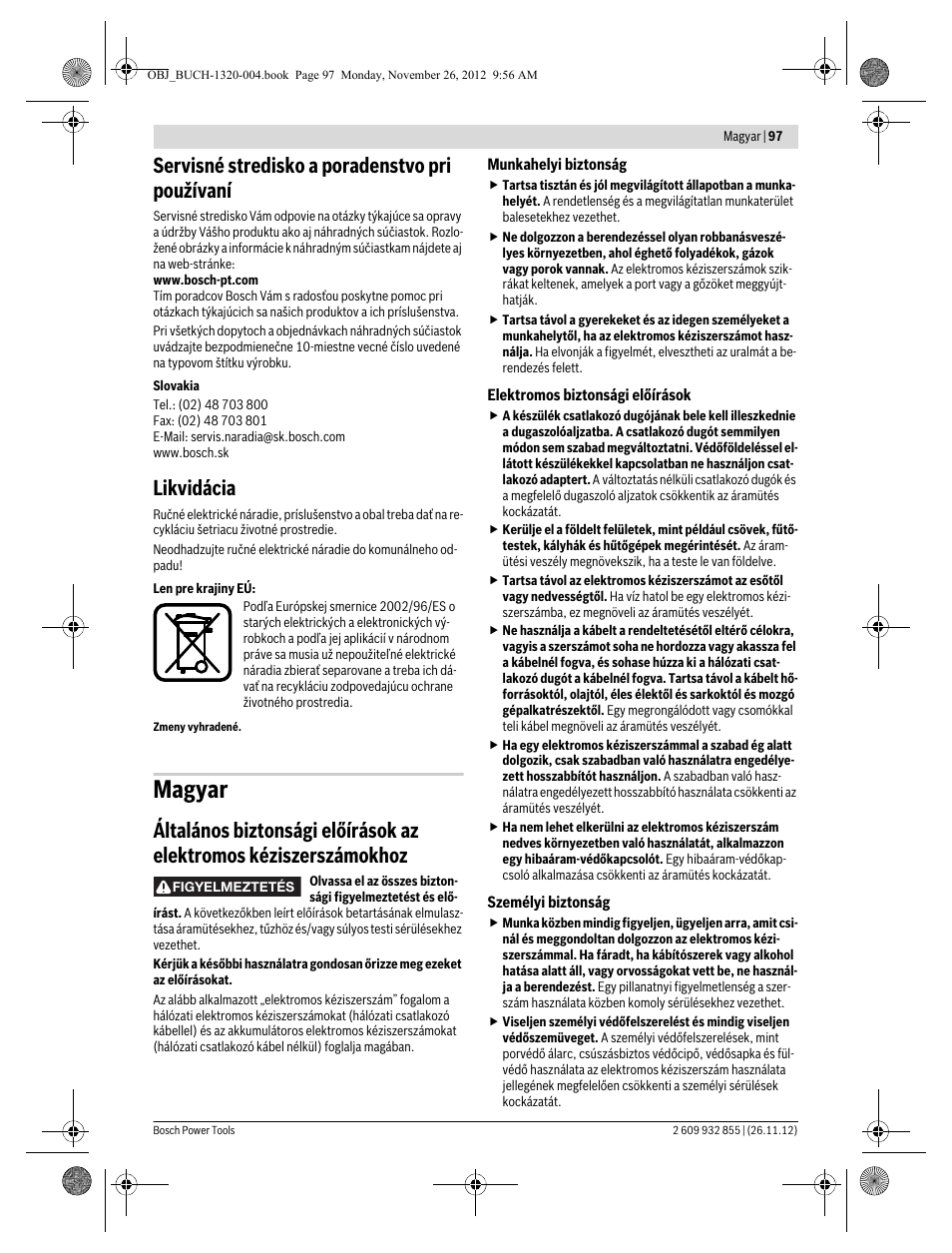 Magyar, Servisné stredisko a poradenstvo pri používaní, Likvidácia | Bosch GST Professional 140 CE User Manual | Page 97 / 191