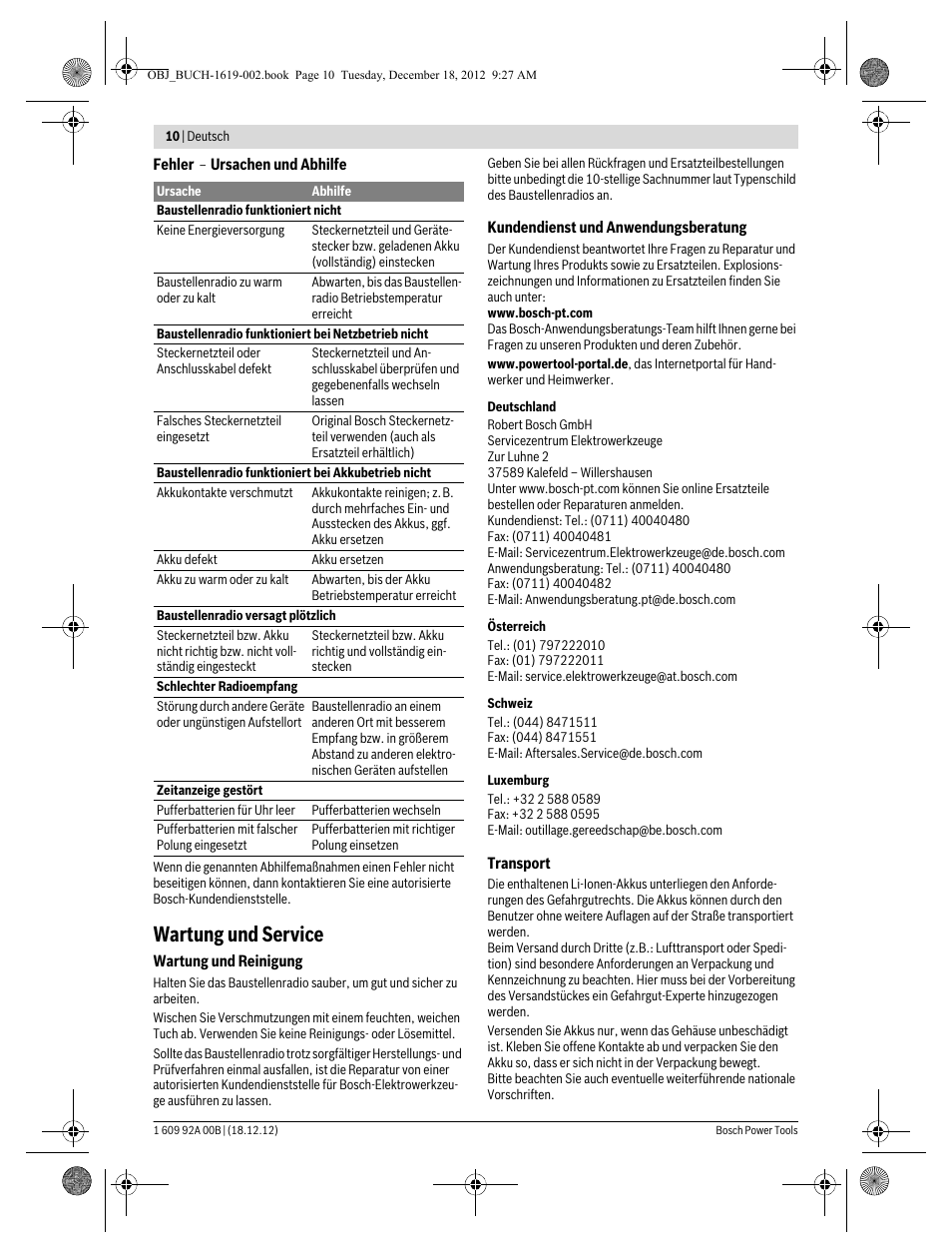 Wartung und service | Bosch GML 10,8 V-LI Professional User Manual | Page 10 / 155