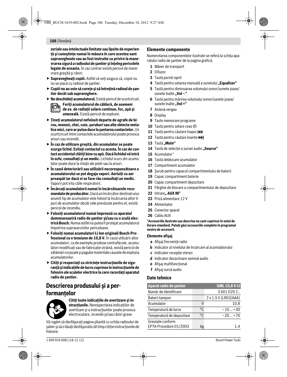 Descrierea produsului şi a per- formanţelor | Bosch GML 10,8 V-LI Professional User Manual | Page 106 / 155