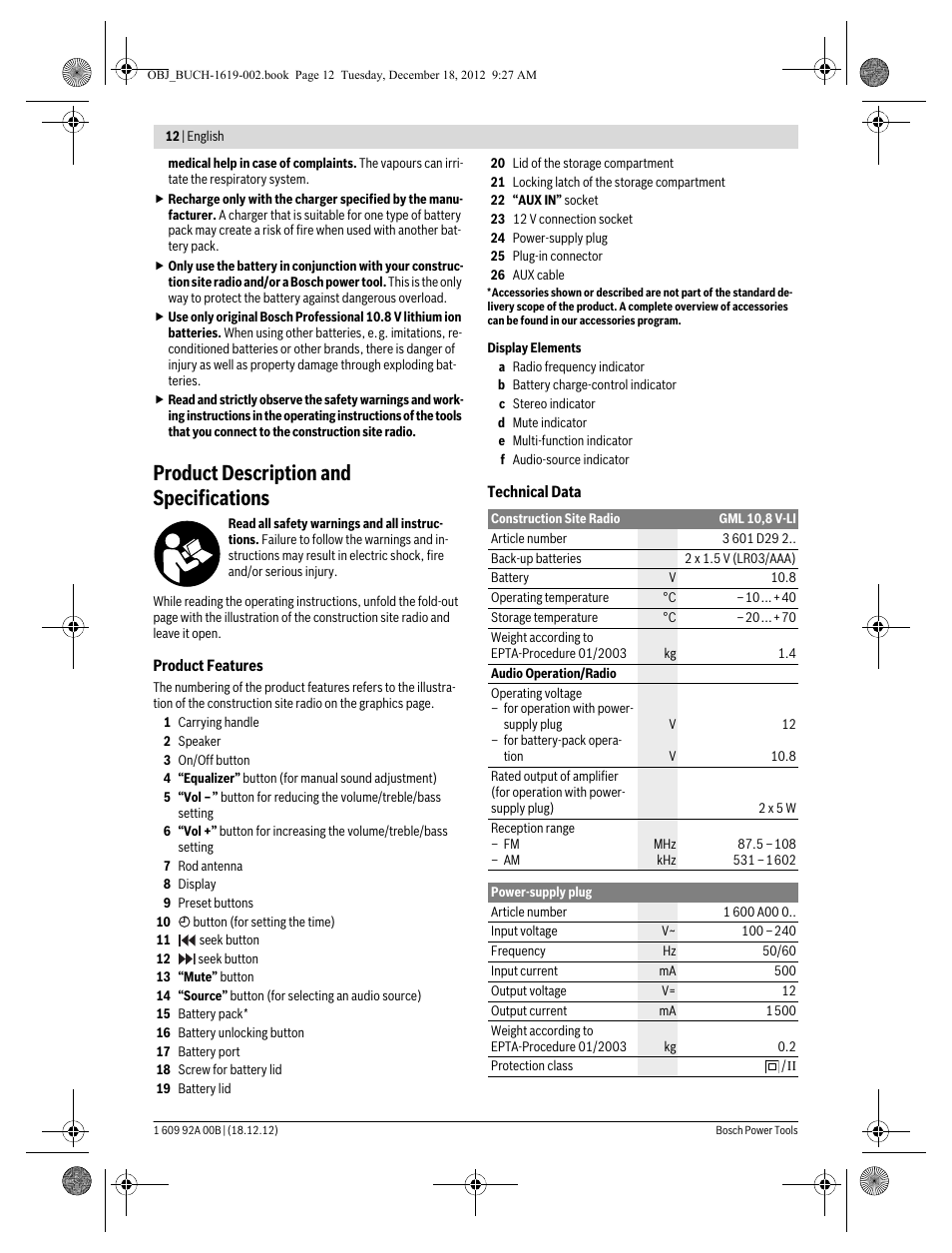 Product description and specifications | Bosch GML 10,8 V-LI Professional User Manual | Page 12 / 155