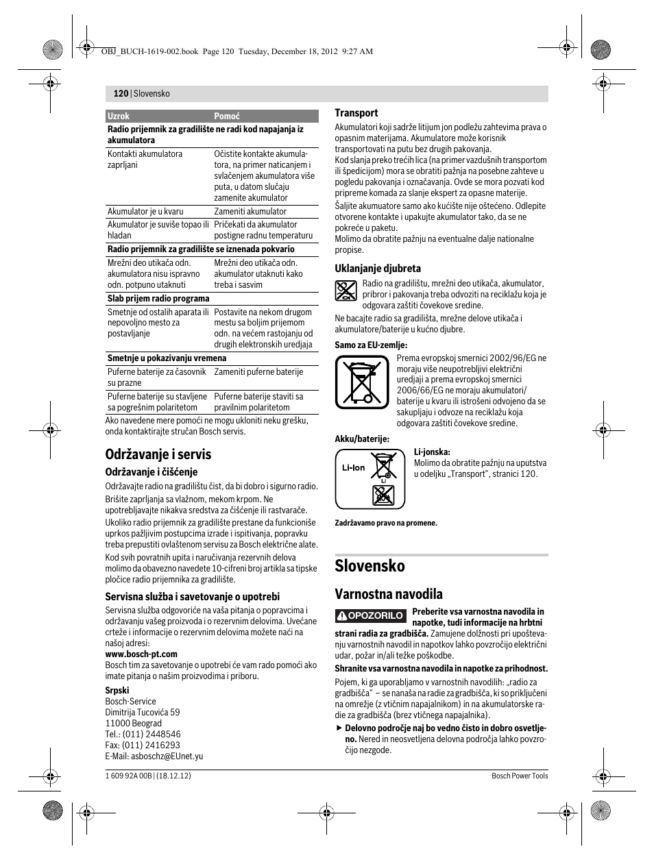 Slovensko, Održavanje i servis, Varnostna navodila | Bosch GML 10,8 V-LI Professional User Manual | Page 120 / 155