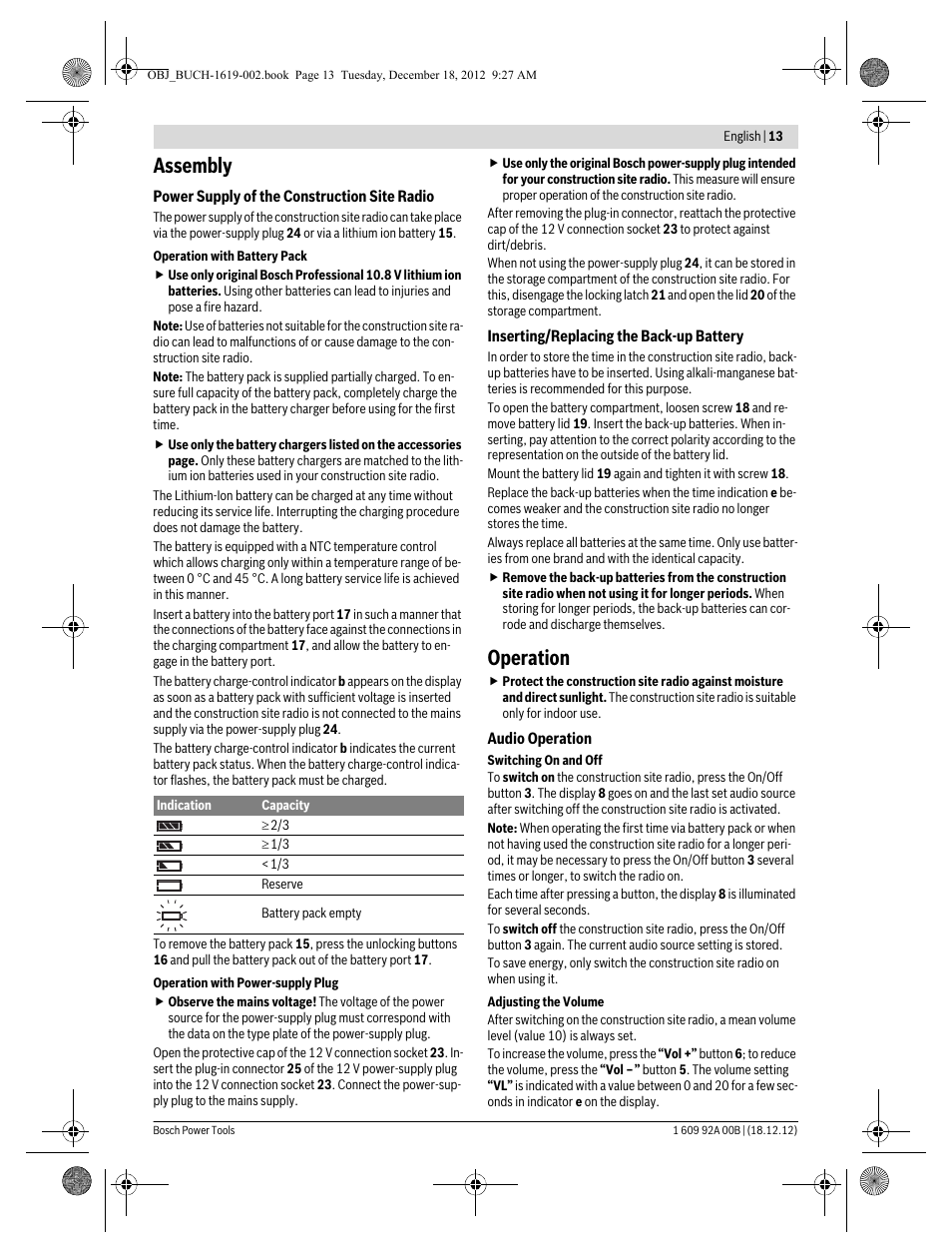Assembly, Operation | Bosch GML 10,8 V-LI Professional User Manual | Page 13 / 155