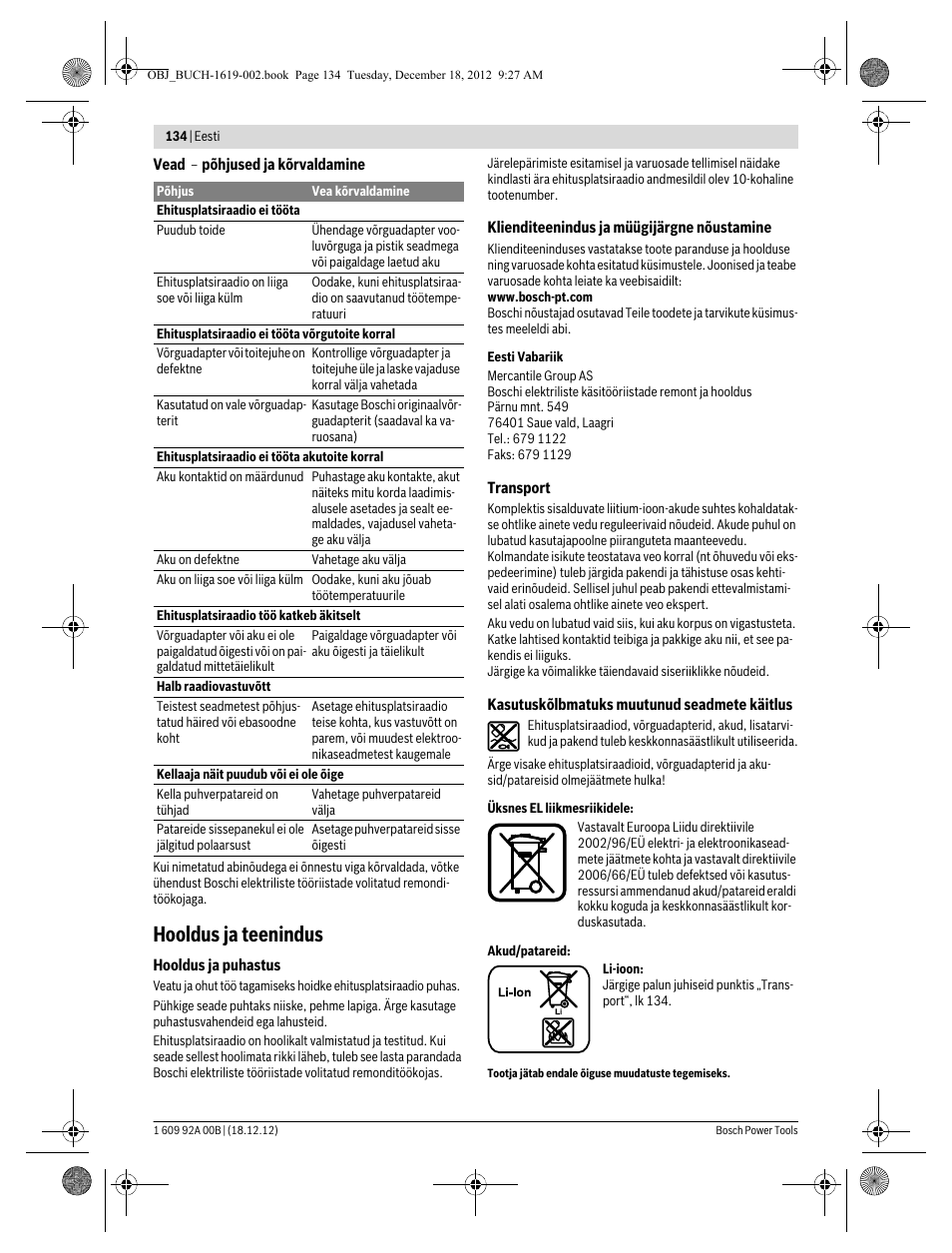 Hooldus ja teenindus | Bosch GML 10,8 V-LI Professional User Manual | Page 134 / 155