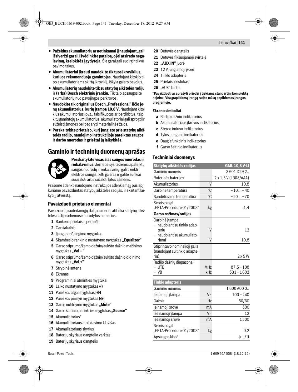Gaminio ir techninių duomenų aprašas | Bosch GML 10,8 V-LI Professional User Manual | Page 141 / 155