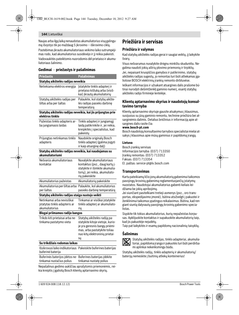 Priežiūra ir servisas | Bosch GML 10,8 V-LI Professional User Manual | Page 144 / 155