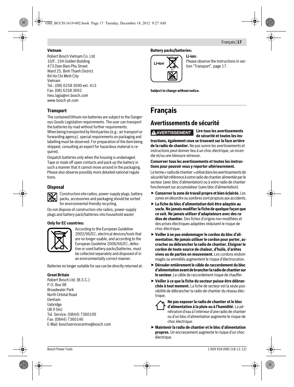 Français, Avertissements de sécurité | Bosch GML 10,8 V-LI Professional User Manual | Page 17 / 155
