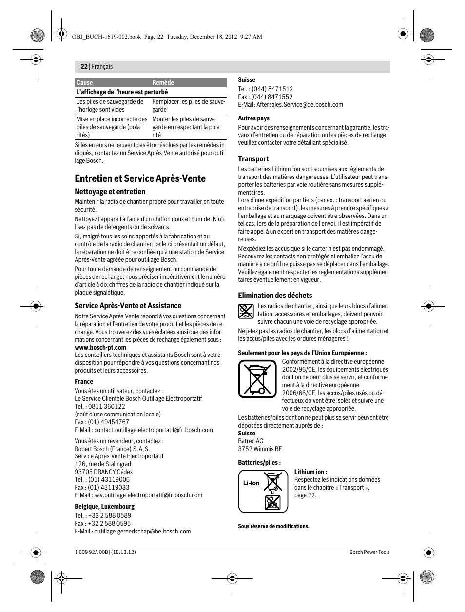 Entretien et service après-vente | Bosch GML 10,8 V-LI Professional User Manual | Page 22 / 155