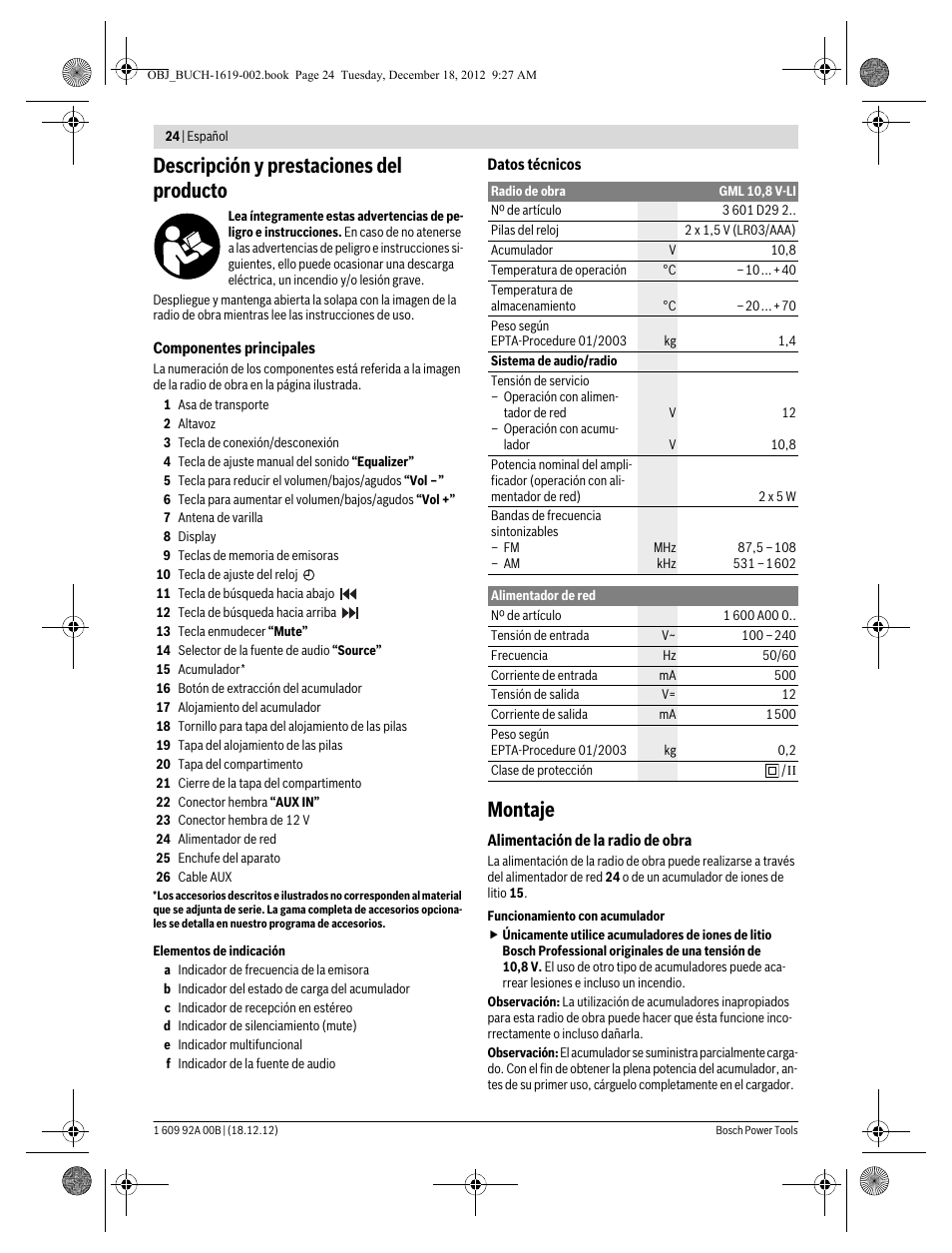 Descripción y prestaciones del producto, Montaje | Bosch GML 10,8 V-LI Professional User Manual | Page 24 / 155