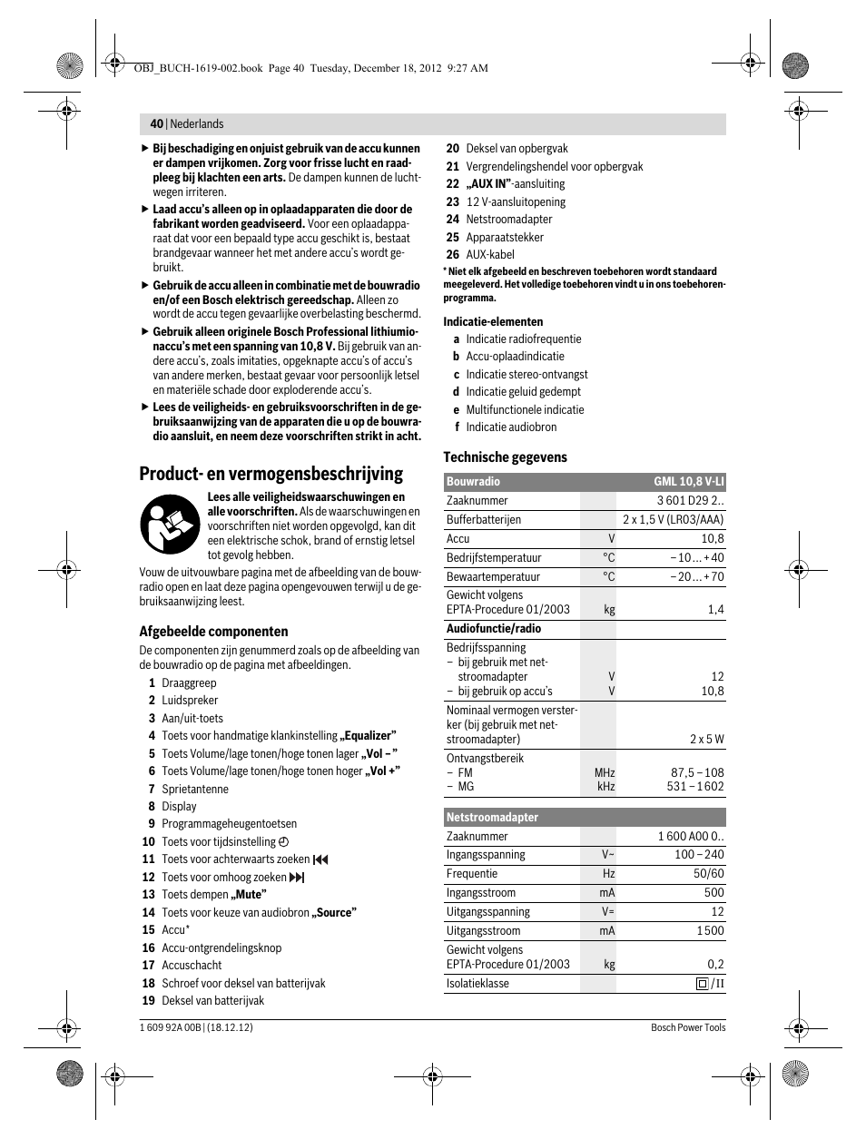 Product- en vermogensbeschrijving | Bosch GML 10,8 V-LI Professional User Manual | Page 40 / 155