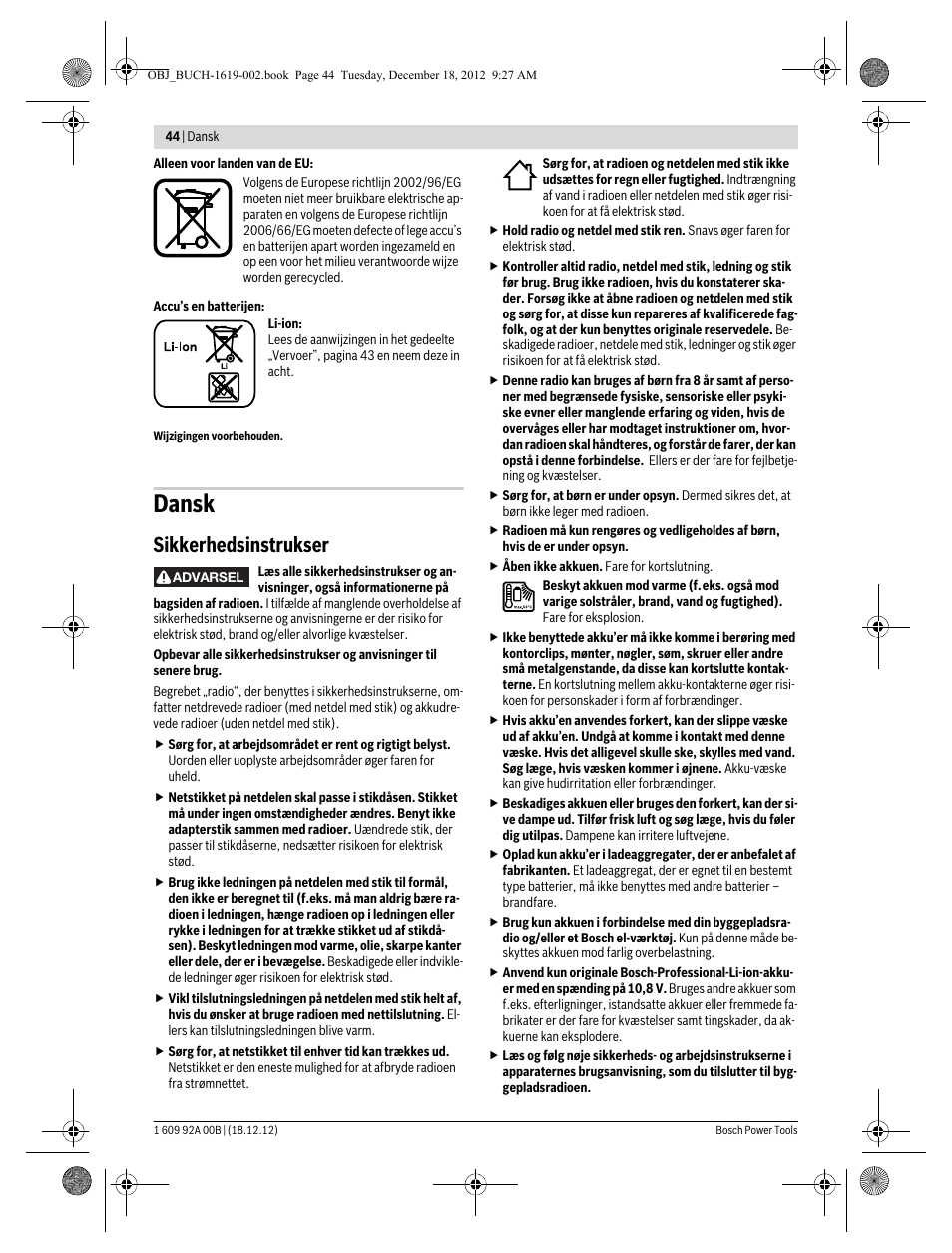 Dansk, Sikkerhedsinstrukser | Bosch GML 10,8 V-LI Professional User Manual | Page 44 / 155