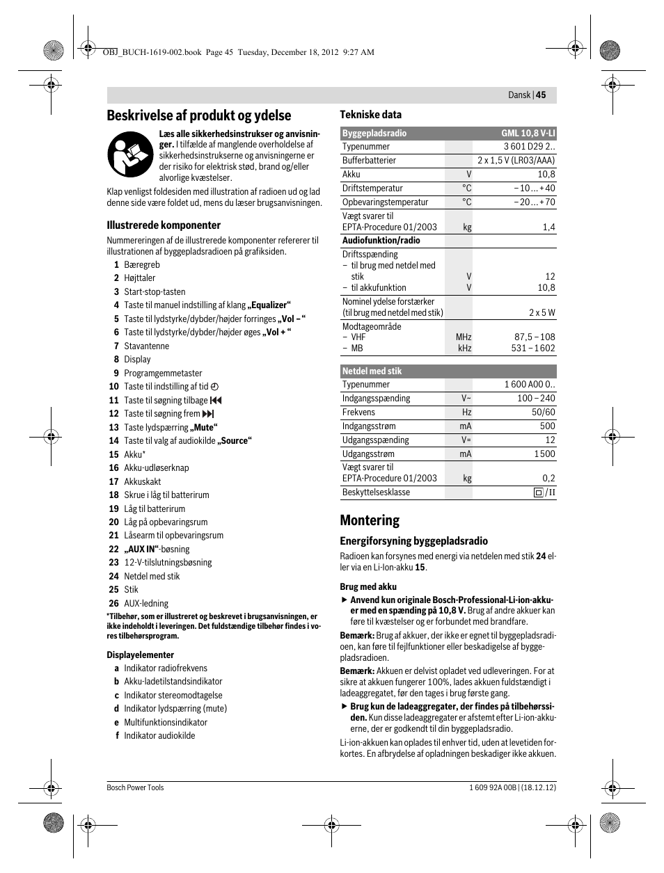 Beskrivelse af produkt og ydelse, Montering | Bosch GML 10,8 V-LI Professional User Manual | Page 45 / 155