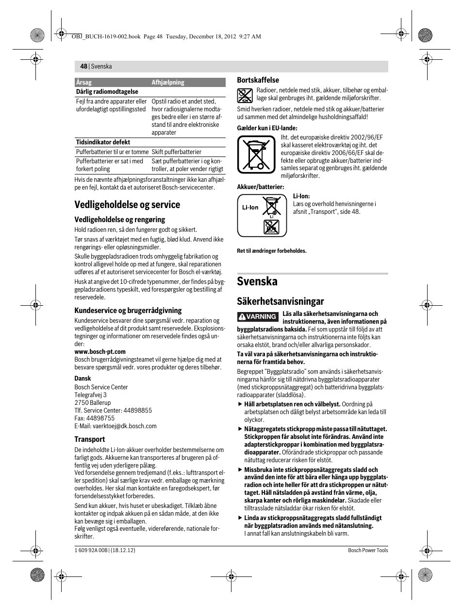 Svenska, Vedligeholdelse og service, Säkerhetsanvisningar | Bosch GML 10,8 V-LI Professional User Manual | Page 48 / 155