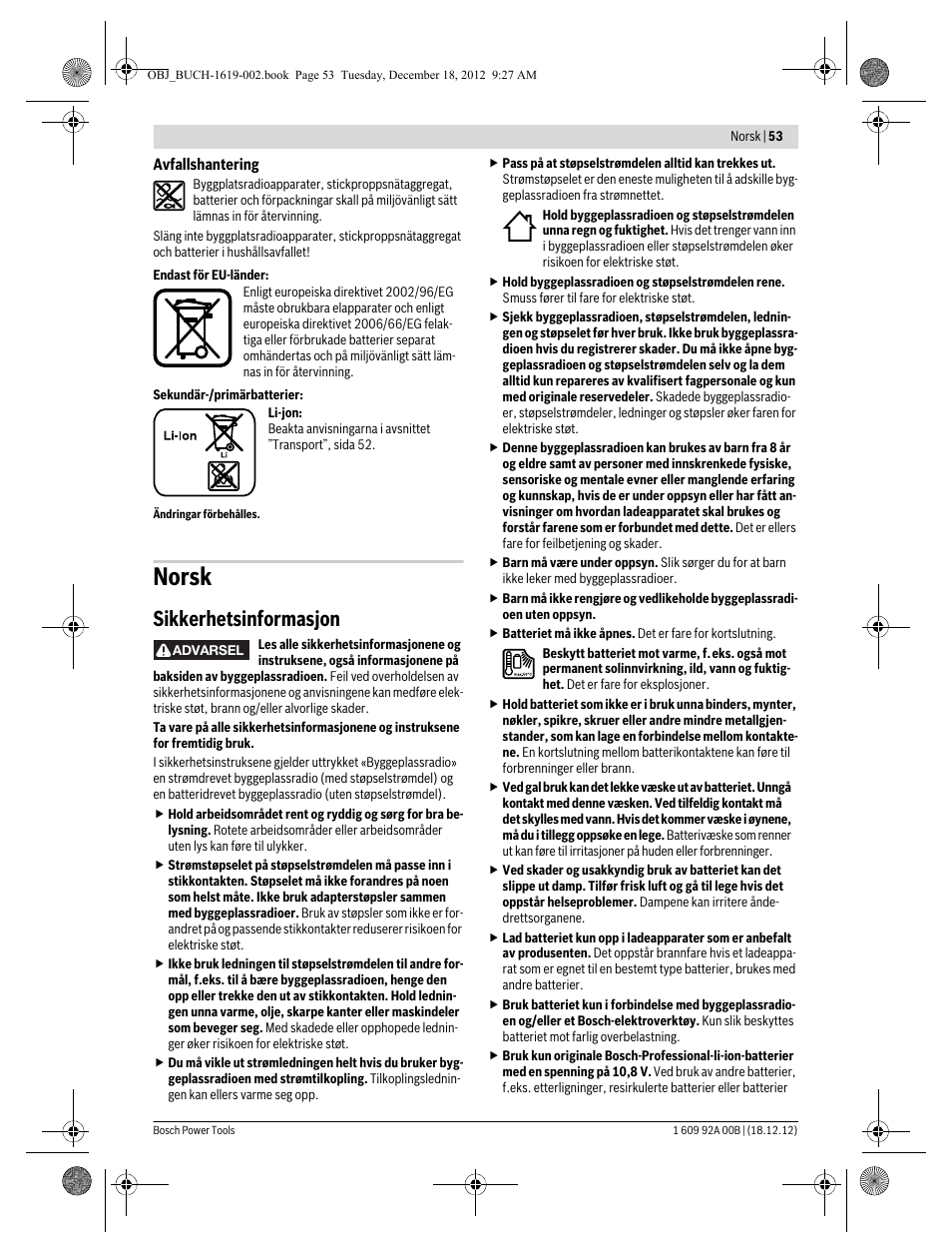 Norsk, Sikkerhetsinformasjon | Bosch GML 10,8 V-LI Professional User Manual | Page 53 / 155