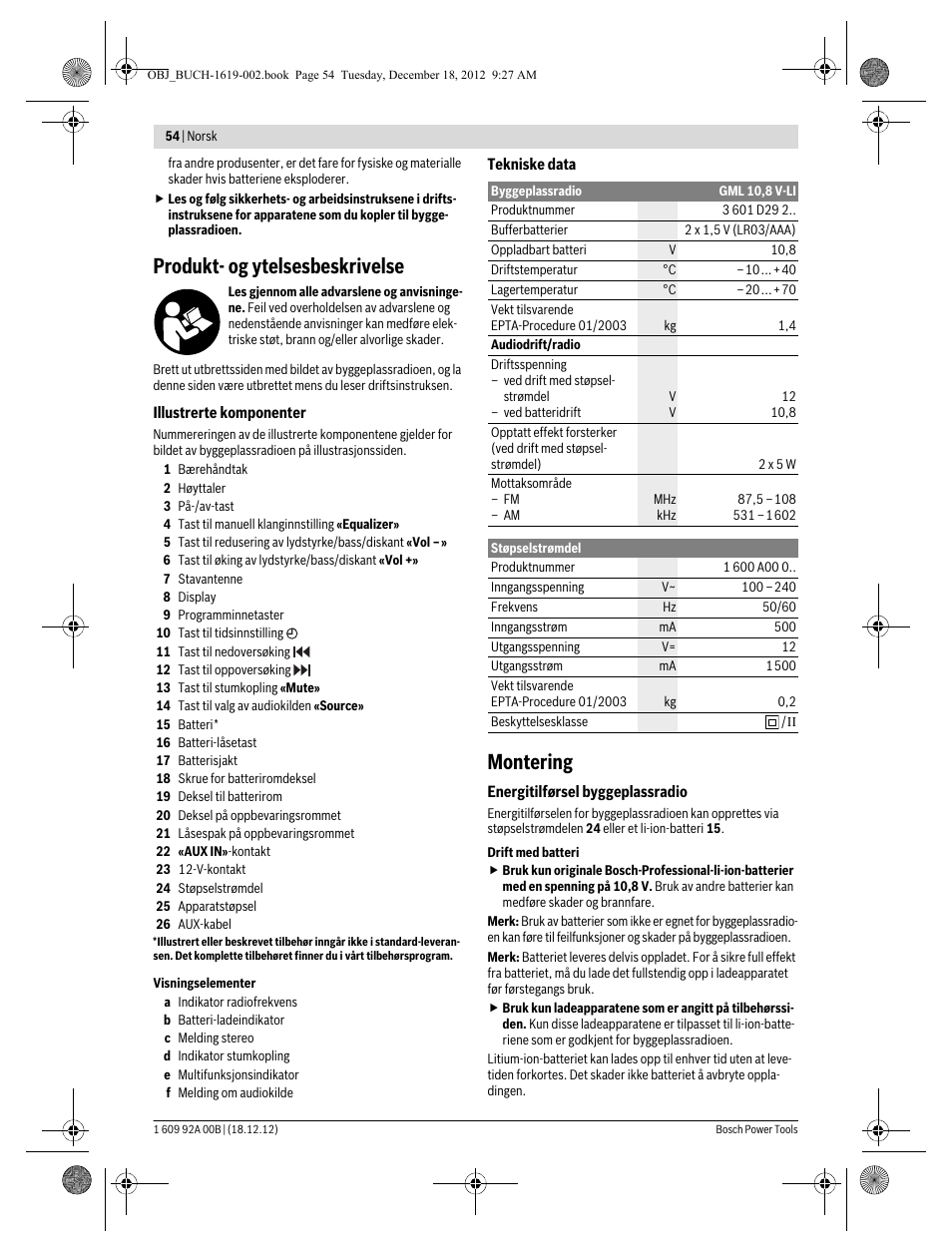 Produkt- og ytelsesbeskrivelse, Montering | Bosch GML 10,8 V-LI Professional User Manual | Page 54 / 155