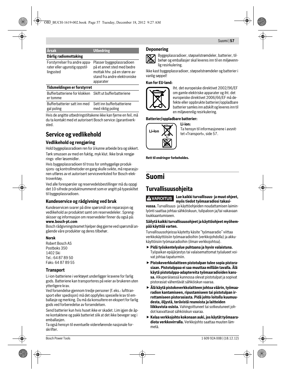 Suomi, Service og vedlikehold, Turvallisuusohjeita | Bosch GML 10,8 V-LI Professional User Manual | Page 57 / 155