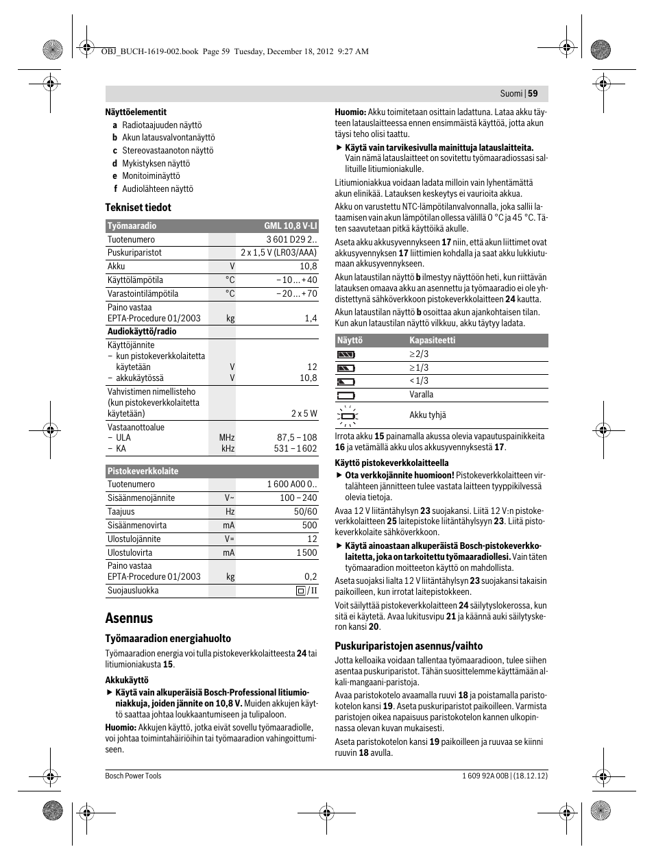 Asennus | Bosch GML 10,8 V-LI Professional User Manual | Page 59 / 155