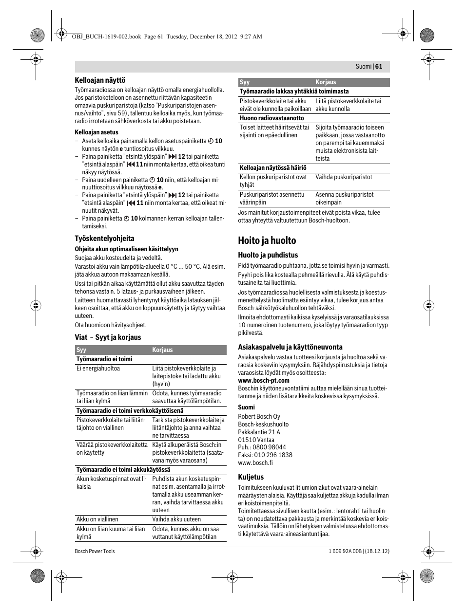 Hoito ja huolto | Bosch GML 10,8 V-LI Professional User Manual | Page 61 / 155