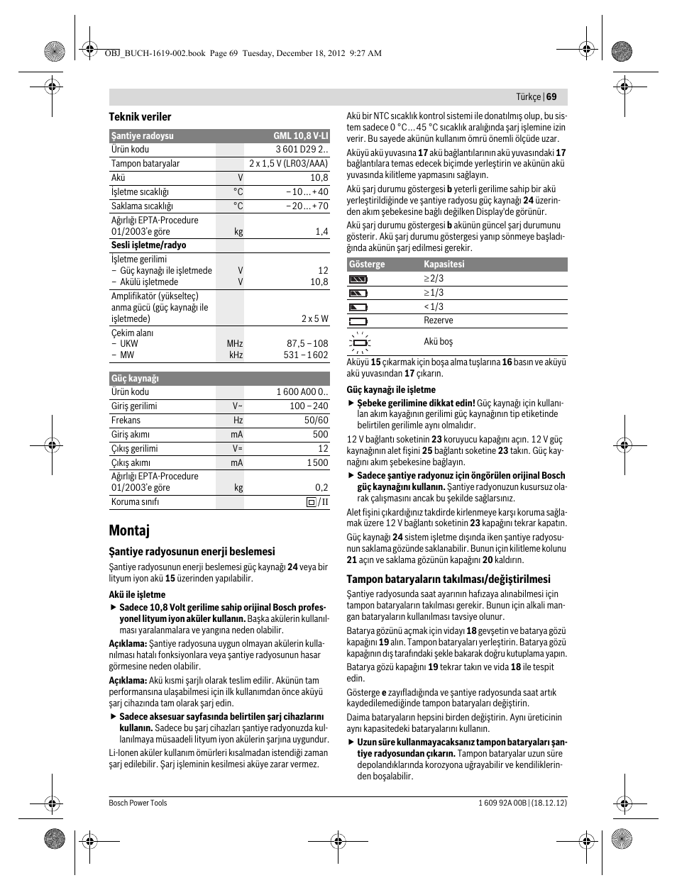 Montaj | Bosch GML 10,8 V-LI Professional User Manual | Page 69 / 155