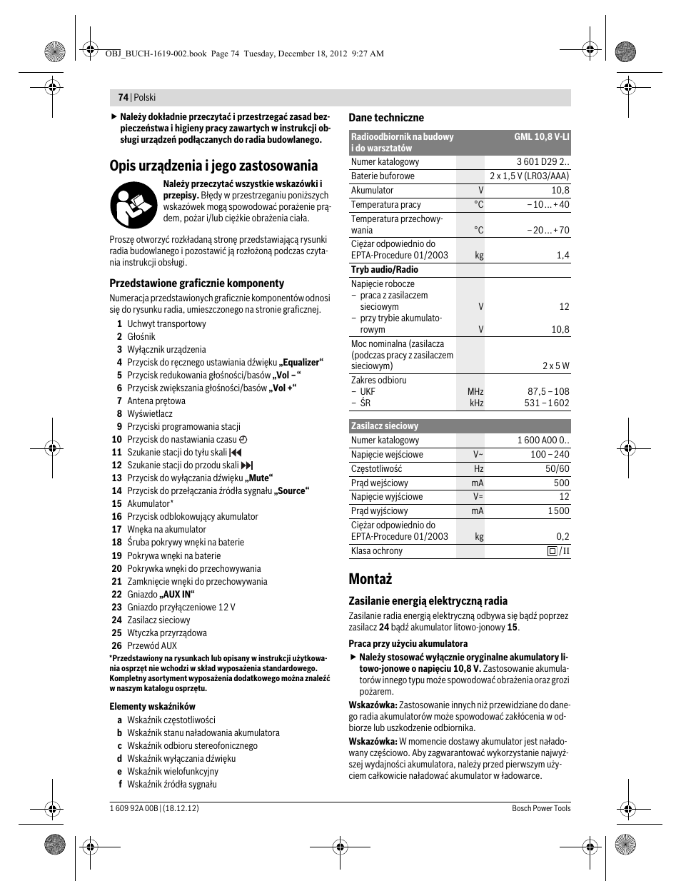 Opis urządzenia i jego zastosowania, Montaż | Bosch GML 10,8 V-LI Professional User Manual | Page 74 / 155