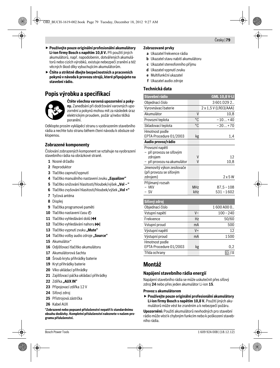 Popis výrobku a specifikací, Montáž | Bosch GML 10,8 V-LI Professional User Manual | Page 79 / 155
