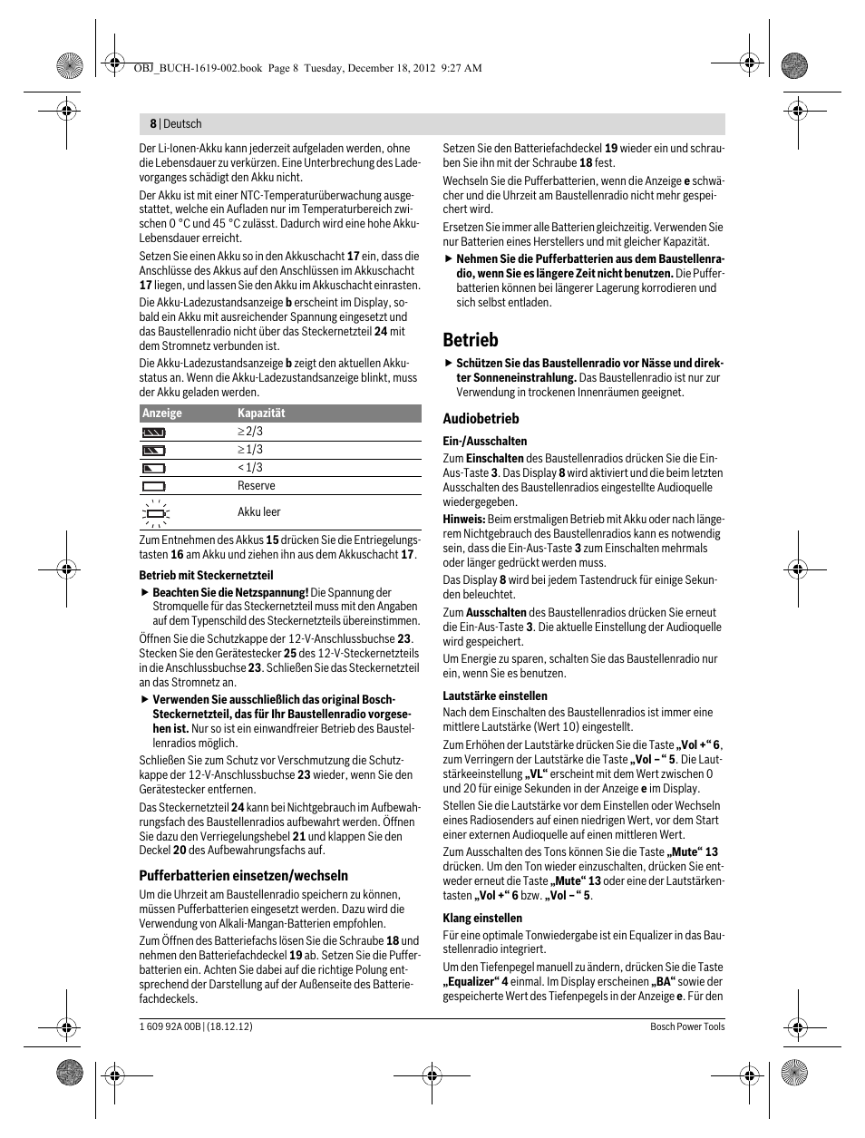 Betrieb | Bosch GML 10,8 V-LI Professional User Manual | Page 8 / 155