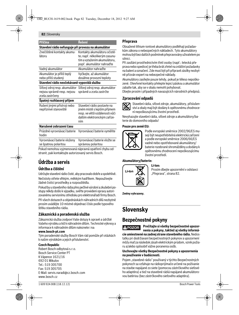 Slovensky, Údržba a servis, Bezpečnostné pokyny | Bosch GML 10,8 V-LI Professional User Manual | Page 82 / 155