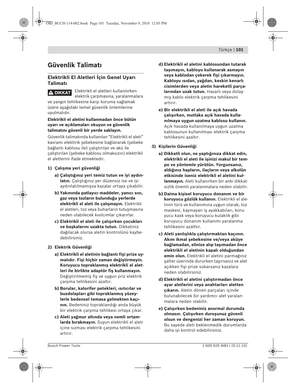 Güvenlik talimat | Bosch GDB 2500 WE Professional User Manual | Page 101 / 270