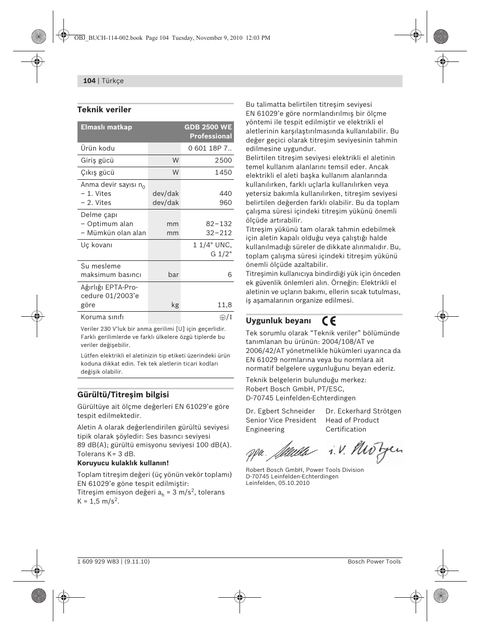 Bosch GDB 2500 WE Professional User Manual | Page 104 / 270