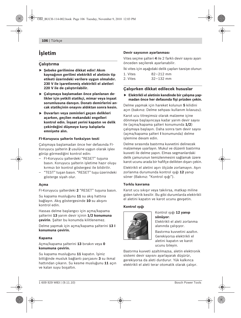 Işletim | Bosch GDB 2500 WE Professional User Manual | Page 106 / 270