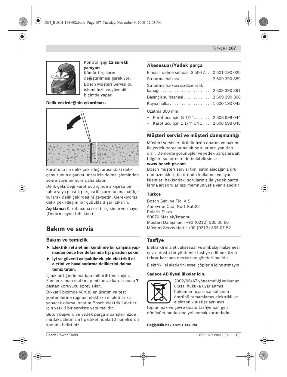 Bak m ve servis | Bosch GDB 2500 WE Professional User Manual | Page 107 / 270