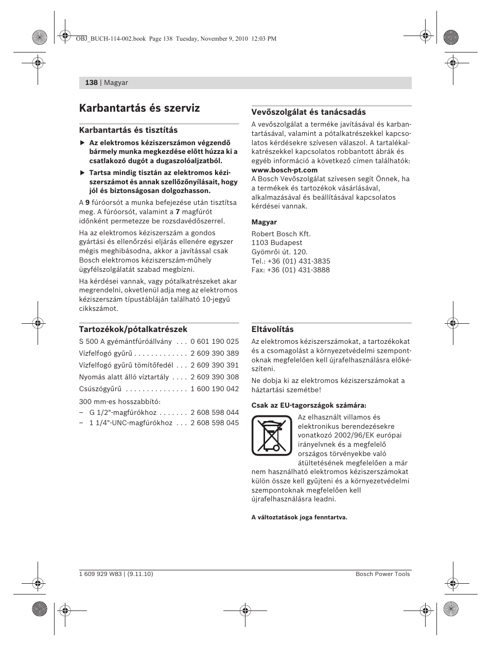 Karbantartás és szerviz | Bosch GDB 2500 WE Professional User Manual | Page 138 / 270